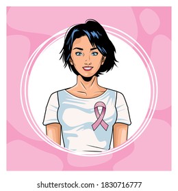 breast cancer awareness month with woman and pink ribbon vector illustration design