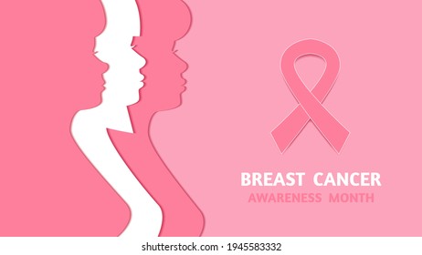 Breast cancer awareness month, woman silhouette and pink ribbon, cut paper style banner. Vector stock illustration. 