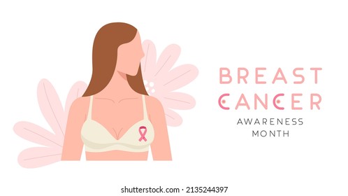 Breast Cancer Awareness Month. Woman wearing bra with pink ribbon sign of Breast cancer day. Female's disease prevention campaign banner poster. Woman supporting. Flat vector illustration. svg