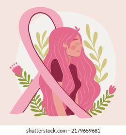 Breast cancer awareness month  woman, with pink support ribbon concept, cartoon character for disease prevention campaign, flat vector illustration