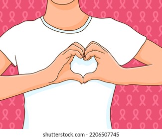 Breast cancer awareness month. Woman wearing pink t-shirt, making heart sign with her hands. Support or proud survivor concept.