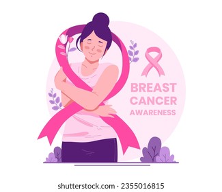 Breast Cancer Awareness Month. A Woman With a Ribbon Pink As a Concern and Support for Women With Breast Cancer. Women’s Health Solidarity and Disease Prevention Campaign