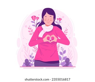 Breast Cancer Awareness Month. A Woman With His Hands Showing Heart Shape Gesture on the Chest. Disease Prevention, Solidarity, Charity and Support Campaign