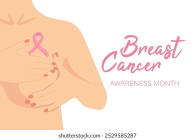Breast Cancer Awareness Month. The woman conducts a self-examination of the mammary glands. A manual cancer test. Vector illustration
