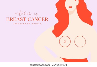 Mes de Concientización sobre el Cáncer de Mama. Mujer con cabello rojo y contornos simbólicos que representan una mastectomía. Solidaridad de la campaña de salud femenina del mes de octubre rosa.