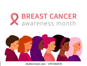 Breast cancer awareness month. Women with different skin color, hair, race-a symbol of community, readiness to help and support patients.