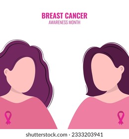Breast cancer awareness month. Women with ribbon. Annual international health campaign. Vector. Minimalism.
