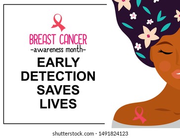 Breast cancer awareness month, young African woman with pink ribbon. 
