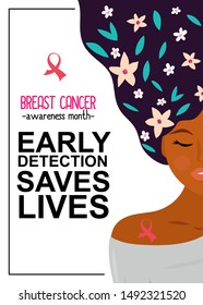 Breast cancer awareness month, young African woman with pink ribbon. 