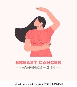Breast cancer awareness month. Young beautiful woman performing a breast self examination. Female health. Poster or banner for cancer prevention campaign. Isolated flat vector illustration
