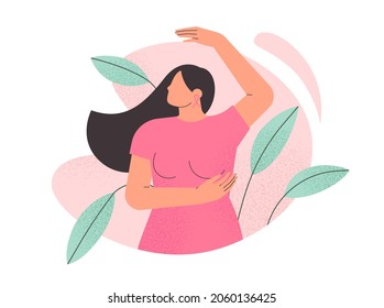 Breast Cancer Awareness Month. Young Beautiful Woman Performing A Breast Self Examination. Female Health. Poster Or Banner For Oncology Prevention Campaign. Isolated Flat Vector Illustration