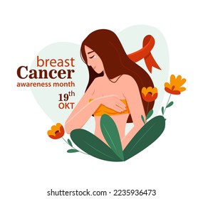 Breast Cancer Awareness Month. Young Woman with ribbon. Female healthcare campaign solidarity web template design. Vector Cartoon Illustration.