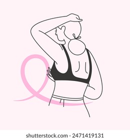 Breast cancer awareness month. Young woman doing a breast self examination. Manual cancer exam. Minimalist hand drawn illustration of a female with a pink ribbon. Isolated flat vector design