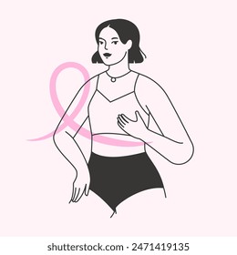 Mes de concientización sobre el cáncer de mama. Mujer joven haciendo un autoexamen de mama. Prueba manual de cáncer. Ilustración minimalista dibujada a mano de una hembra con una cinta rosa. Diseño de Vector plano aislado