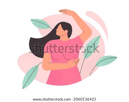 Breast cancer awareness month. Young beautiful woman performing a breast self examination. Female health. Poster or banner for oncology prevention campaign. Isolated flat vector illustration