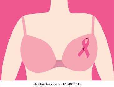 Breast cancer awareness month.Woman breast in bra with pink ribbon as a symbol of cancer fight. Vector illustration. svg