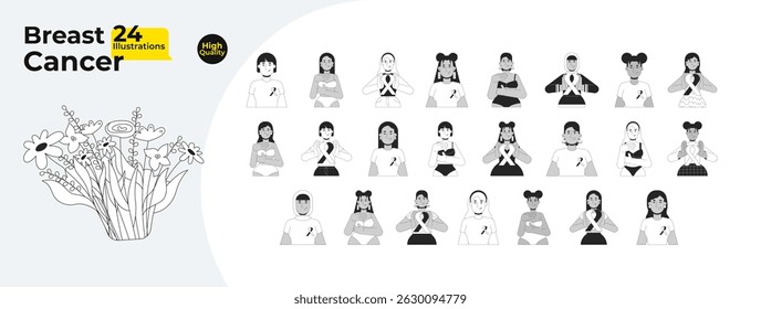 Conscientização sobre o câncer de mama, ilustrações mega bundle. Autoexame, fitas rosa. Mulheres multiculturais empoderamento imagens lineares 2D isoladas. Coleção de desenhos vetoriais em preto e branco