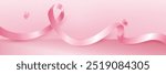 Breast cancer awareness pink banner background with curly pink ribbon symbol, vector design