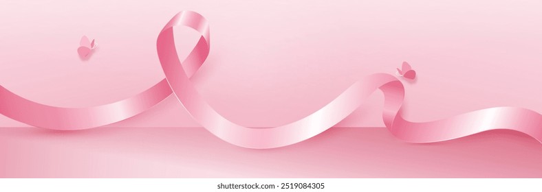 Breast cancer awareness pink banner background with curly pink ribbon symbol, vector design