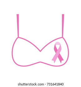 Breast cancer awareness pink card. Vector illustration. For poster, flyer or banner. Breast Cancer Awareness Ribbon on Bra. Pink brassiere. Breast Cancer Awareness design.