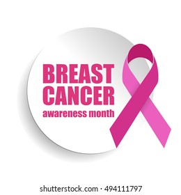 Breast cancer awareness pink geometric ribbon on white round background. Vector illustration.