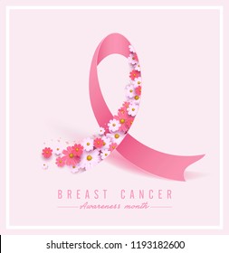 Breast cancer awareness pink ribbon and spring poster background,vector illustration