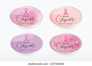 Breast cancer awareness pink ribbon logo in badges design. Glossy buttons or badges. 3D illustration vector design.