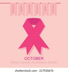 Breast Cancer Awareness pink ribbon poster - with hanging flags on pink background