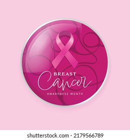 Breast cancer awareness pink ribbon logo in badges design. Glossy buttons or badges. 3D illustration vector design.