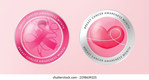 Breast cancer awareness pink ribbon logo in badges design. Glossy buttons or badges. 3D illustration vector design.