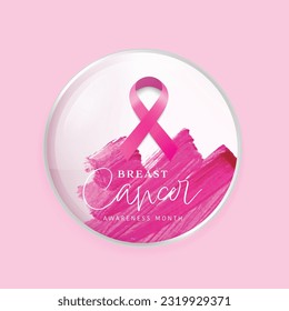 Breast cancer awareness pink ribbon logo in badges design. Glossy buttons or badges. 3D illustration vector design.