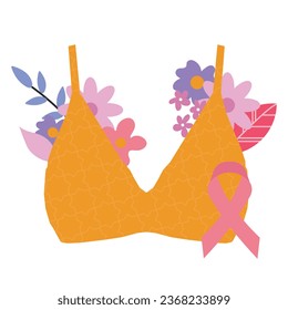 breast cancer awareness pink ribbon bra symbol floral in flat illustration svg