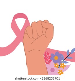 breast cancer awareness pink ribbon hands gesture support fight in flat illustration