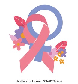 breast cancer awareness pink ribbon female symbol floral in flat illustration