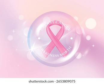 Breast cancer awareness pink ribbon logo in Transparency glassmorphism circles. Shiny, glossy, reflective surface 3D illustration vector design.