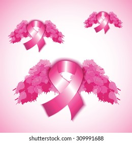 Breast cancer awareness pink ribbon with small wings. Vector illustration.