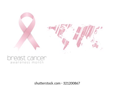Breast cancer awareness pink ribbon and grunge map. Vector background