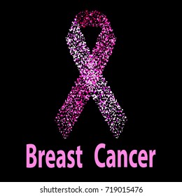 Breast cancer awareness pink ribbon made of dots. Women healthcare concept. Vector illustration on black background