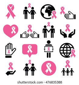 Breast cancer awareness pink ribbons icon set 