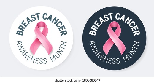 Breast Cancer Awareness pins design template - pink breast cancer ribbon and text 'Breast Cancer Awareness Month' in round shape - vector illustration