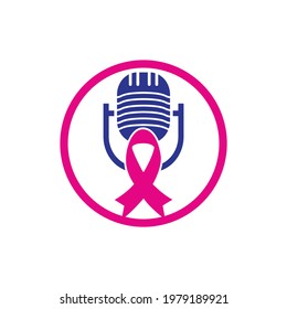 Breast cancer awareness podcast icon logo concept. Pink ribbon and podcast icon logo.