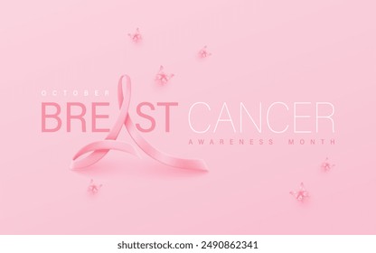 Breast Cancer Awareness poster with  3D vector ribbon in shape of letter A on pink background with butterflies