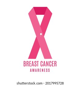 Breast cancer awareness poster with a pink ribbon and a needle pin on white background. Medical concept. Vector illustration.