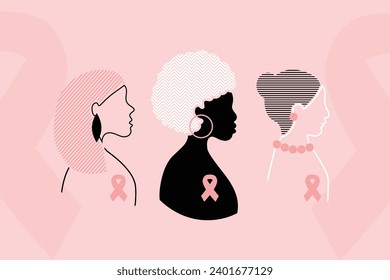 Breast cancer awareness poster in pink black colors with women face profiles of different nationalities supporting fight against cancer. Template for printing, announcement, guests inviting. Vector