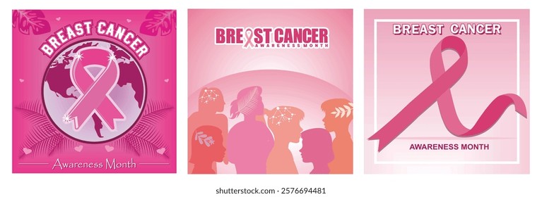 Breast Cancer Awareness Poster. Awareness of breast cancer research and advocacy. A pink ribbon symbolizing breast cancer awareness pink background with bold text. Set flat vector modern illustration