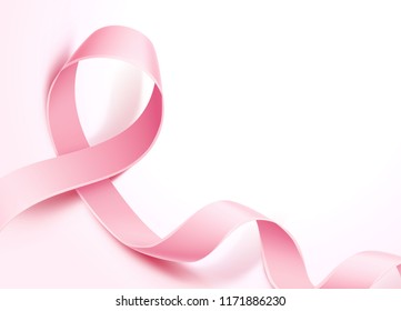 Breast cancer awareness poster template with realistic pink ribbon on pink background. Women health care support symbol. female hope satin emblem. Vector illustration