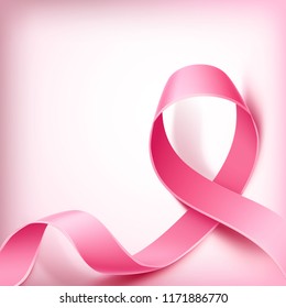 Breast cancer awareness poster template with realistic pink ribbon on pink background. Women health care support symbol. female hope satin emblem. Vector illustration