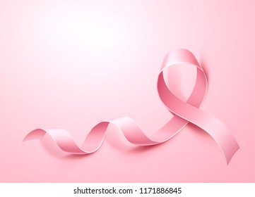 Breast cancer awareness poster template with realistic pink ribbon on pink background. Women health care support symbol. female hope satin emblem. Vector illustration