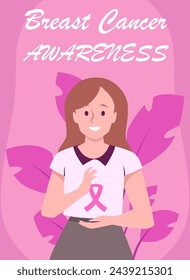 Breast Cancer Awareness poster vector. A woman with a pink ribbon, supportive illustration for health campaigns and education