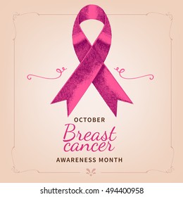 Breast Cancer Awareness poster wint Hand drawn pink ribbon with text.